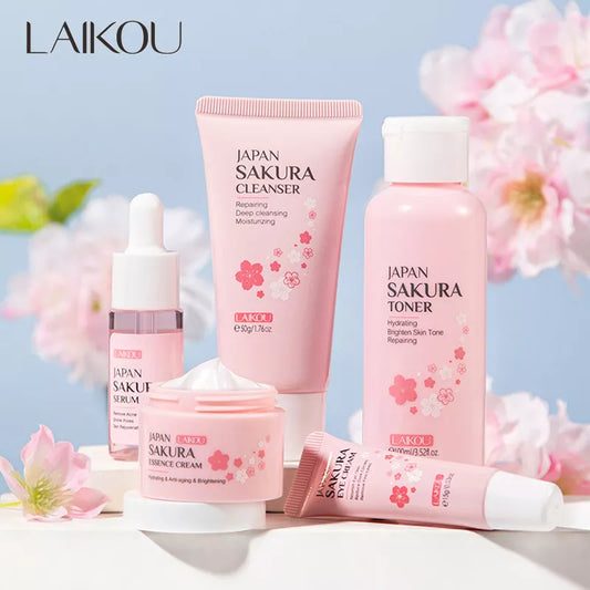 Conjunto de cuidados com a pele do rosto limpador sakura essência creme hidratante clareamento &amp; anti-envelhecimento toner creme para os olhos soro facial cuidados com a pele dos olhos