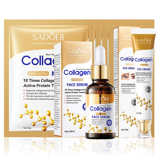 SADOER Conjuntos de cuidados com a pele de colágeno Máscara facial Soro facial Creme para os olhos Hidratante Anti rugas Conjunto de cuidados faciais com brilho