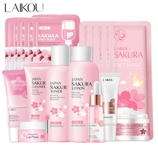 Sakura Facial Cleaner Korean Face Serum Anti Acne Peeling Gel Moisturize Fade Dark Circles Eye Cream Cosmetics Skin Care Set